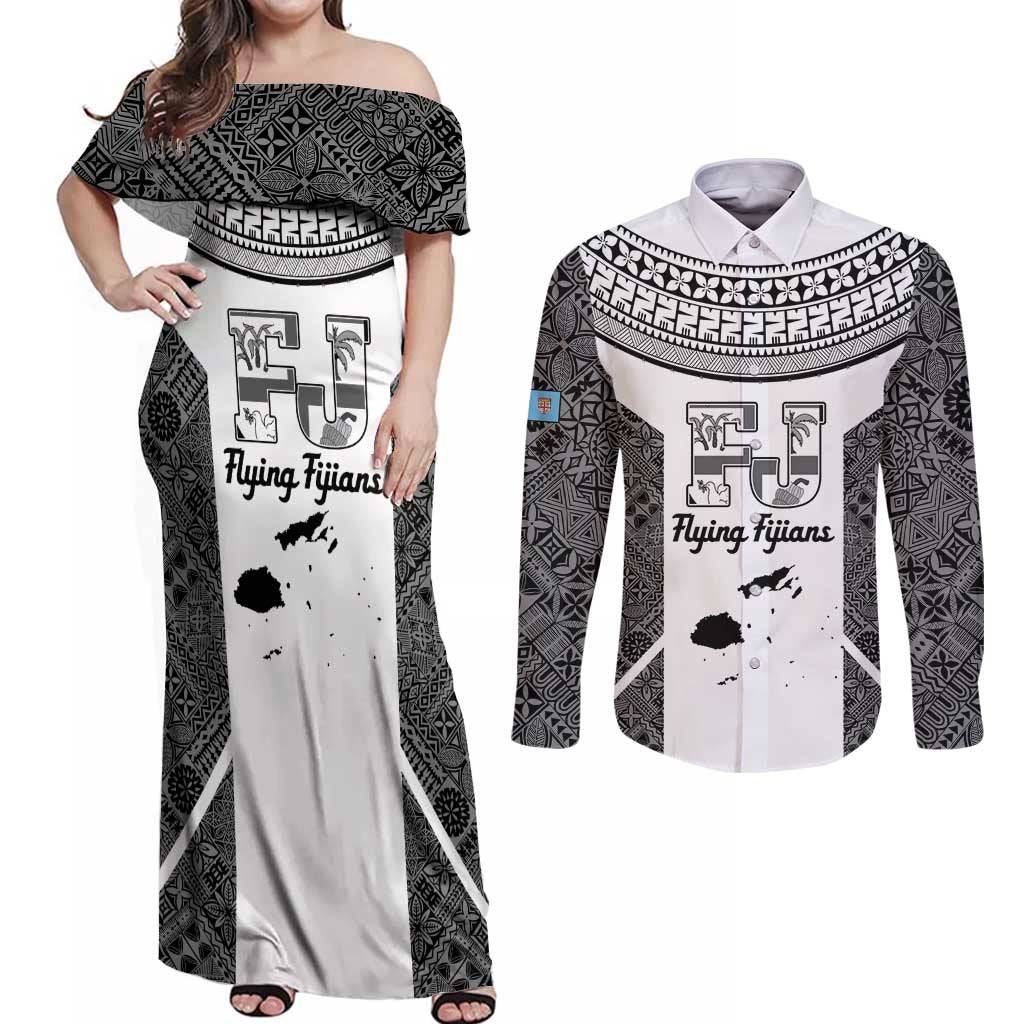 Custom Fiji Tapa Rugby Couples Matching Off Shoulder Maxi Dress and Long Sleeve Button Shirt Flying Fijian Black And White Version LT14 Black - Polynesian Pride