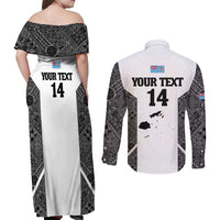 Custom Fiji Tapa Rugby Couples Matching Off Shoulder Maxi Dress and Long Sleeve Button Shirt Flying Fijian Black And White Version LT14 - Polynesian Pride