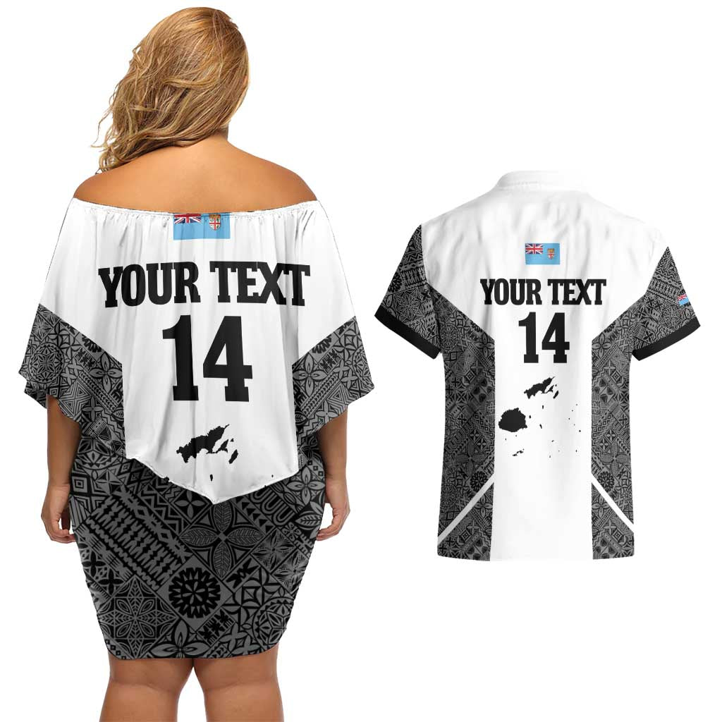 Custom Fiji Tapa Rugby Couples Matching Off Shoulder Short Dress and Hawaiian Shirt Flying Fijian Black And White Version LT14 - Polynesian Pride