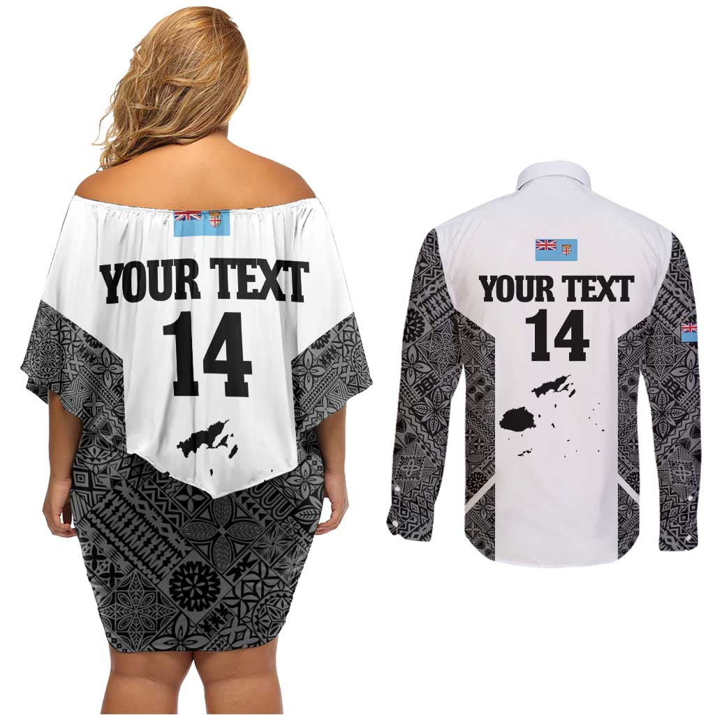 Custom Fiji Tapa Rugby Couples Matching Off Shoulder Short Dress and Long Sleeve Button Shirt Flying Fijian Black And White Version LT14 - Polynesian Pride