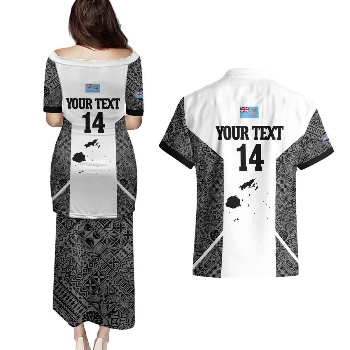 Custom Fiji Tapa Rugby Couples Matching Puletasi and Hawaiian Shirt Flying Fijian Black And White Version