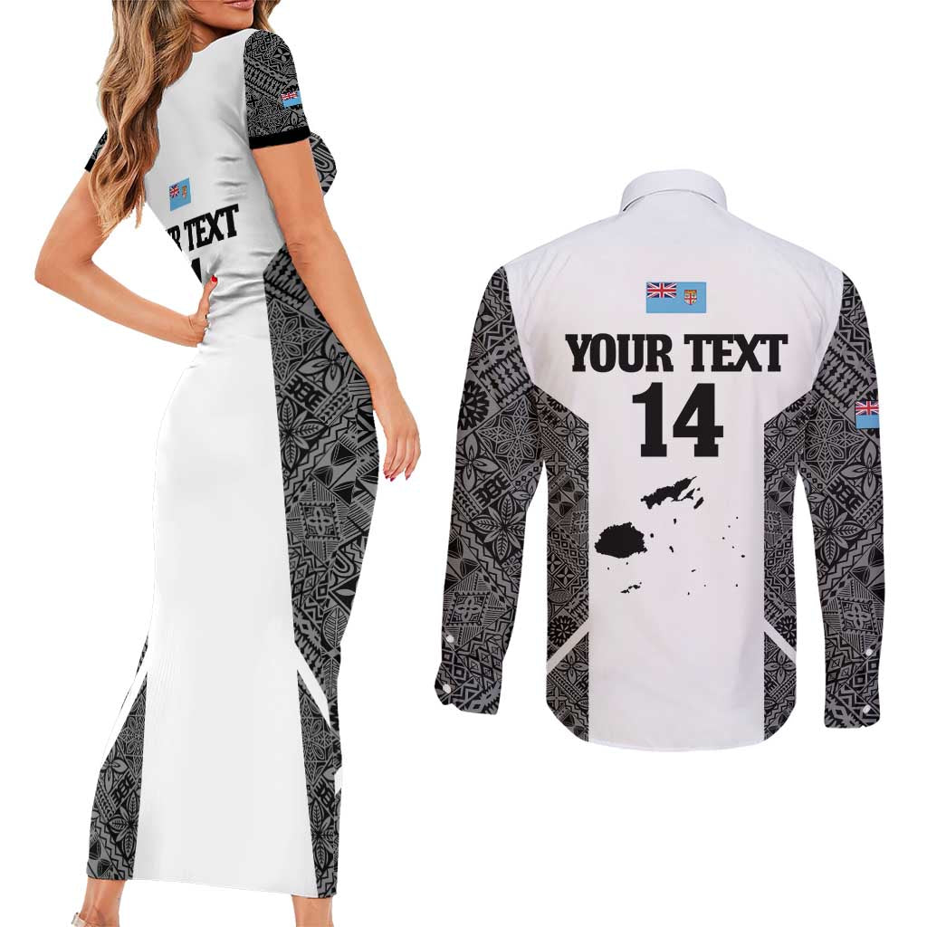 Custom Fiji Tapa Rugby Couples Matching Short Sleeve Bodycon Dress and Long Sleeve Button Shirt Flying Fijian Black And White Version