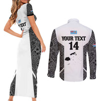 Custom Fiji Tapa Rugby Couples Matching Short Sleeve Bodycon Dress and Long Sleeve Button Shirt Flying Fijian Black And White Version