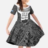 Custom Fiji Tapa Rugby Family Matching Mermaid Dress and Hawaiian Shirt Flying Fijian Black And White Version LT14 Daughter's Dress Black - Polynesian Pride