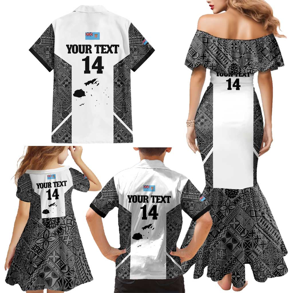 Custom Fiji Tapa Rugby Family Matching Mermaid Dress and Hawaiian Shirt Flying Fijian Black And White Version LT14 - Polynesian Pride