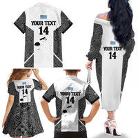 Custom Fiji Tapa Rugby Family Matching Off The Shoulder Long Sleeve Dress and Hawaiian Shirt Flying Fijian Black And White Version