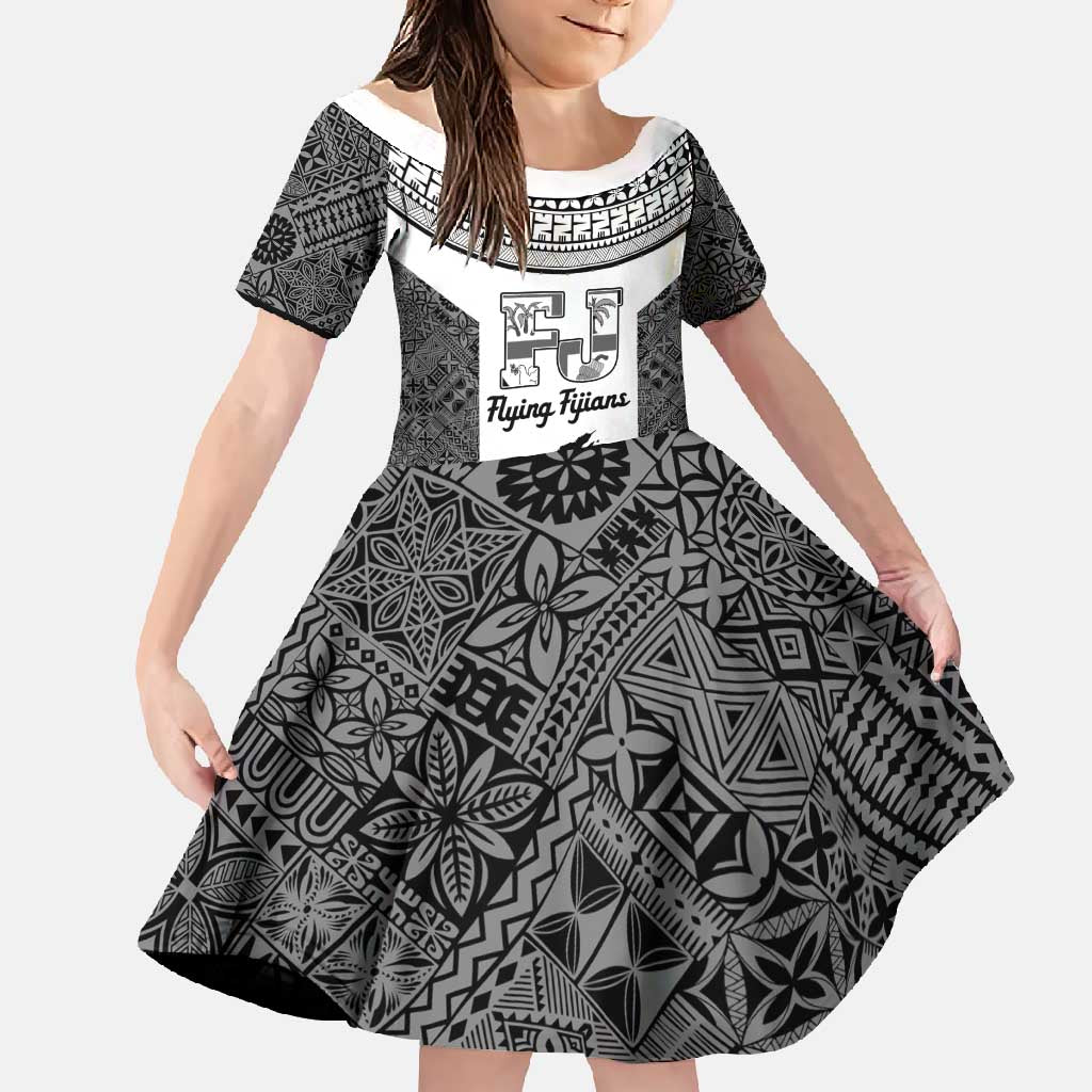 Custom Fiji Tapa Rugby Family Matching Off Shoulder Maxi Dress and Hawaiian Shirt Flying Fijian Black And White Version LT14 Daughter's Dress Black - Polynesian Pride