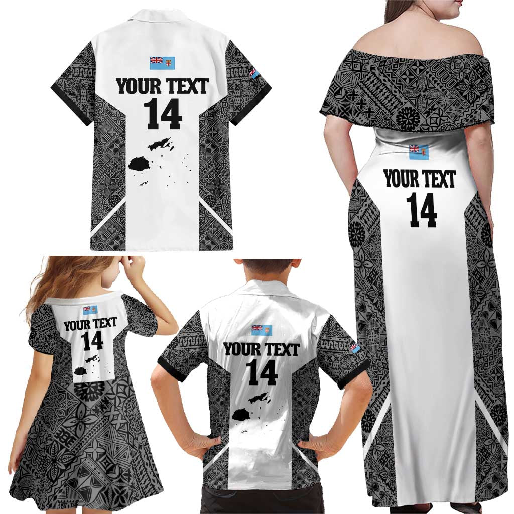 Custom Fiji Tapa Rugby Family Matching Off Shoulder Maxi Dress and Hawaiian Shirt Flying Fijian Black And White Version LT14 - Polynesian Pride