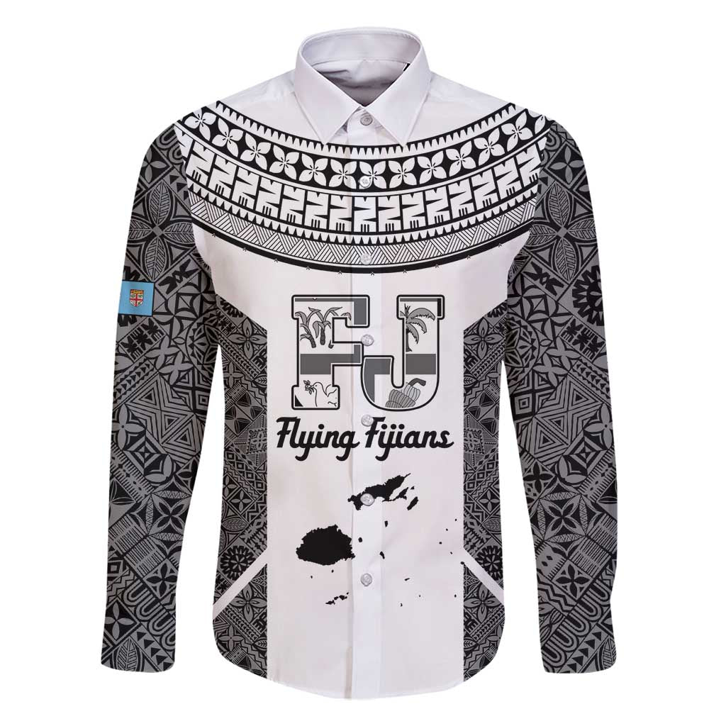 Custom Fiji Tapa Rugby Family Matching Off Shoulder Maxi Dress and Hawaiian Shirt Flying Fijian Black And White Version LT14 Dad's Shirt - Long Sleeve Black - Polynesian Pride