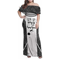 Custom Fiji Tapa Rugby Family Matching Off Shoulder Maxi Dress and Hawaiian Shirt Flying Fijian Black And White Version LT14 Mom's Dress Black - Polynesian Pride