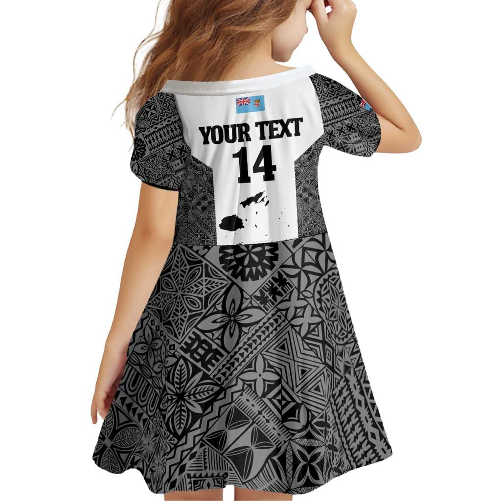 Custom Fiji Tapa Rugby Family Matching Off Shoulder Short Dress and Hawaiian Shirt Flying Fijian Black And White Version LT14 - Polynesian Pride