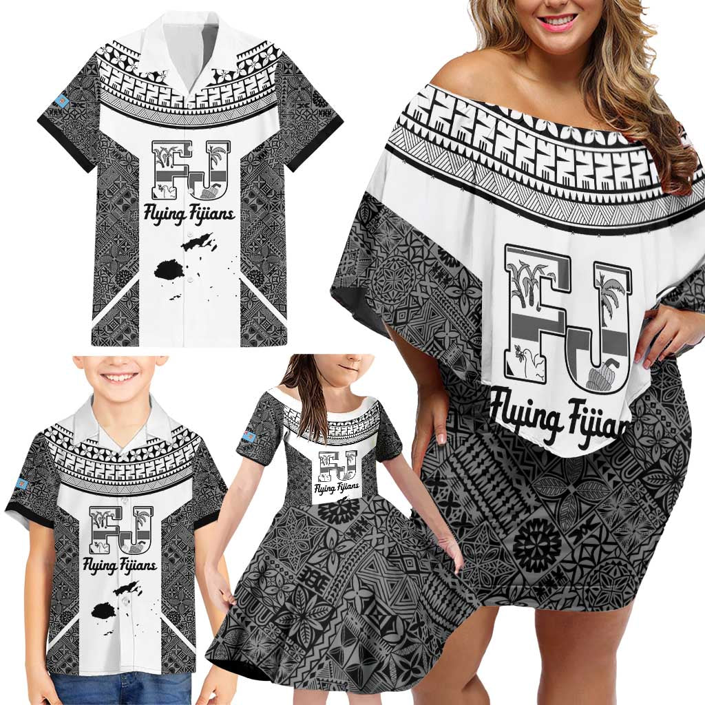 Custom Fiji Tapa Rugby Family Matching Off Shoulder Short Dress and Hawaiian Shirt Flying Fijian Black And White Version LT14 - Polynesian Pride