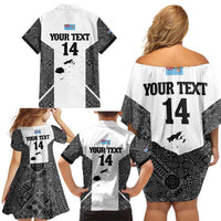 Custom Fiji Tapa Rugby Family Matching Off Shoulder Short Dress and Hawaiian Shirt Flying Fijian Black And White Version LT14 - Polynesian Pride