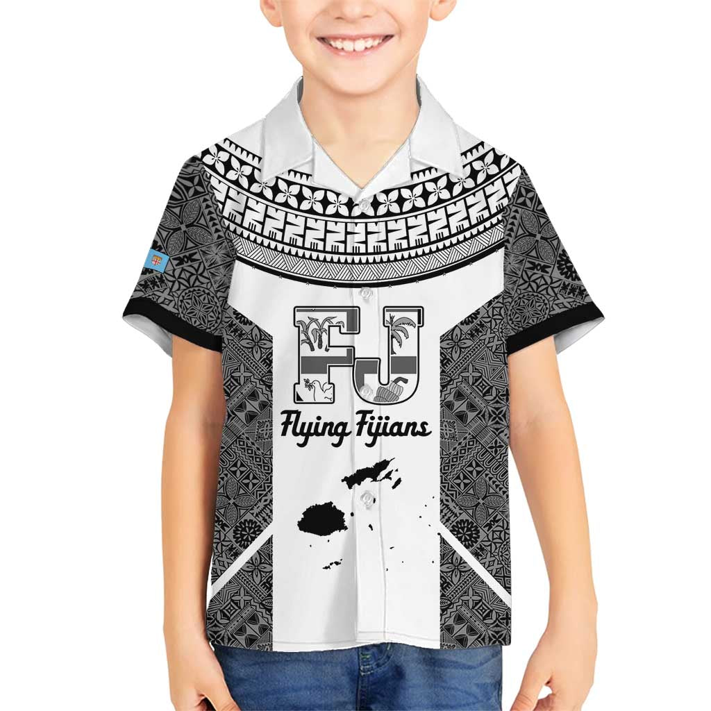 Custom Fiji Tapa Rugby Family Matching Off Shoulder Short Dress and Hawaiian Shirt Flying Fijian Black And White Version LT14 Son's Shirt Black - Polynesian Pride