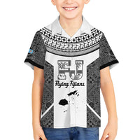 Custom Fiji Tapa Rugby Family Matching Off Shoulder Short Dress and Hawaiian Shirt Flying Fijian Black And White Version LT14 Son's Shirt Black - Polynesian Pride