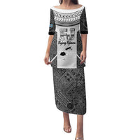 Custom Fiji Tapa Rugby Family Matching Puletasi and Hawaiian Shirt Flying Fijian Black And White Version