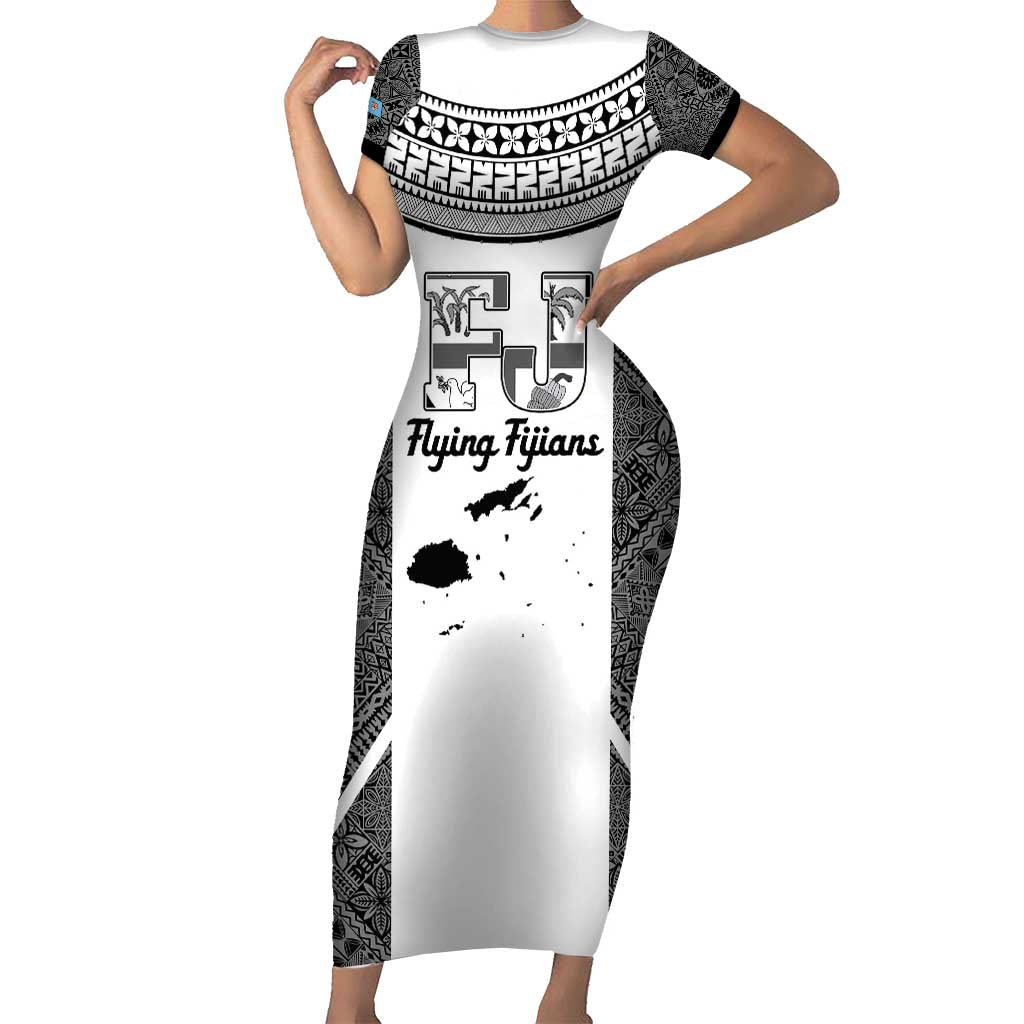 Custom Fiji Tapa Rugby Family Matching Short Sleeve Bodycon Dress and Hawaiian Shirt Flying Fijian Black And White Version