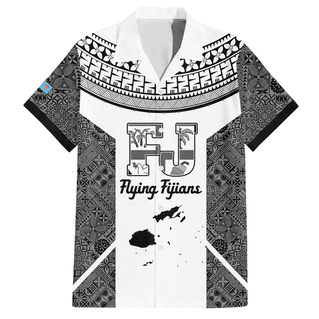 Custom Fiji Tapa Rugby Family Matching Summer Maxi Dress and Hawaiian Shirt Flying Fijian Black And White Version LT14 Dad's Shirt - Short Sleeve Black - Polynesian Pride