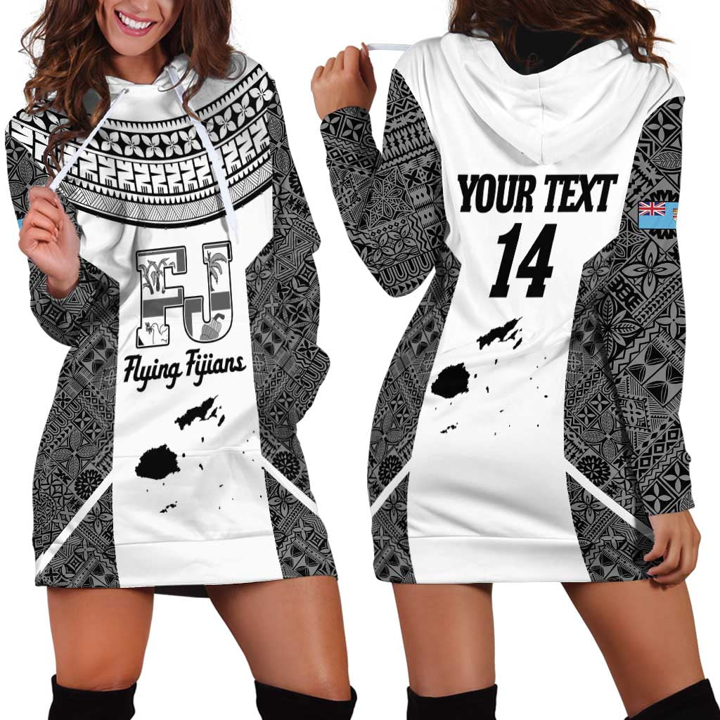 Custom Fiji Tapa Rugby Hoodie Dress Flying Fijian Black And White Version LT14 - Polynesian Pride