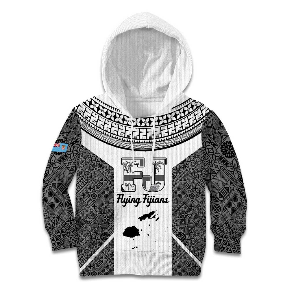 Custom Fiji Tapa Rugby Kid Hoodie Flying Fijian Black And White Version