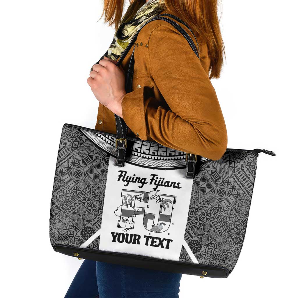 Custom Fiji Tapa Rugby Leather Tote Bag Flying Fijian Black And White Version