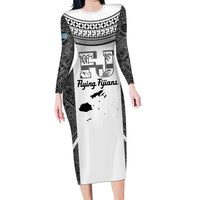 Custom Fiji Tapa Rugby Long Sleeve Bodycon Dress Flying Fijian Black And White Version LT14 Long Dress Black - Polynesian Pride
