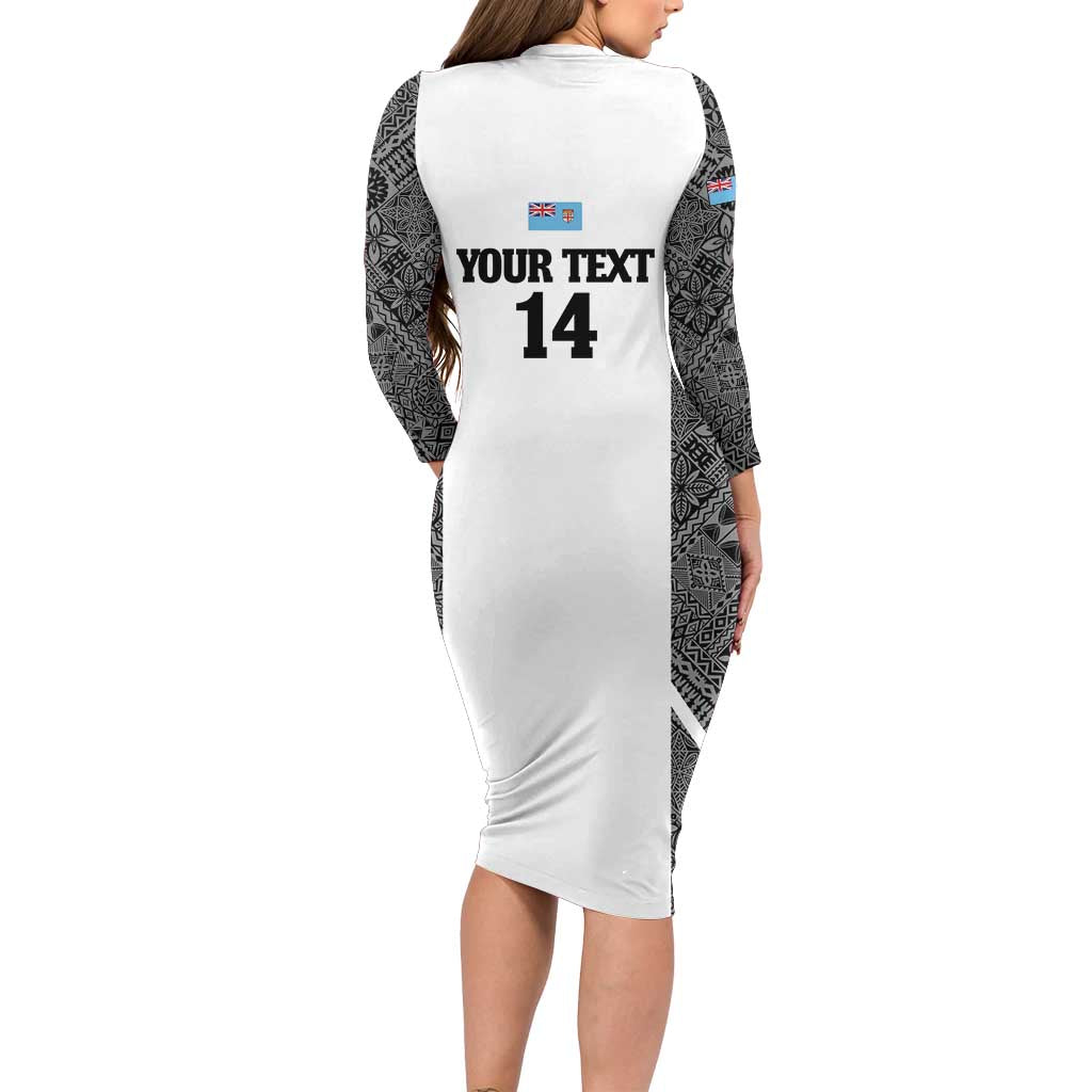 Custom Fiji Tapa Rugby Long Sleeve Bodycon Dress Flying Fijian Black And White Version LT14 - Polynesian Pride