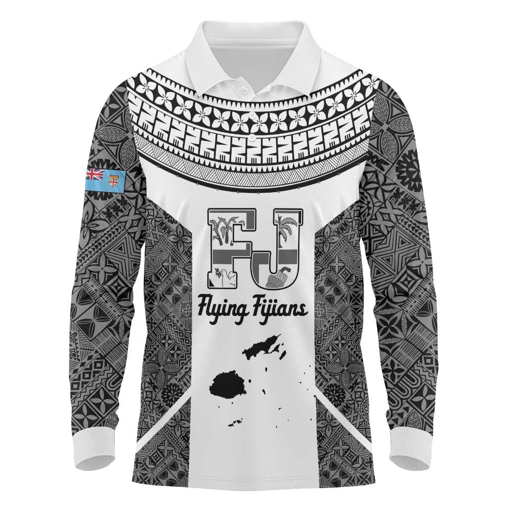 Custom Fiji Tapa Rugby Long Sleeve Polo Shirt Flying Fijian Black And White Version LT14 Black - Polynesian Pride