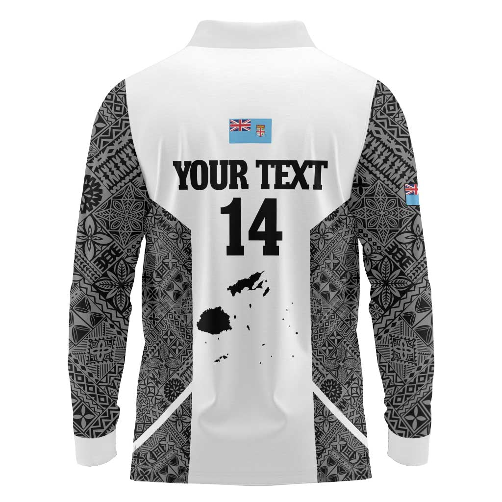 Custom Fiji Tapa Rugby Long Sleeve Polo Shirt Flying Fijian Black And White Version LT14 - Polynesian Pride