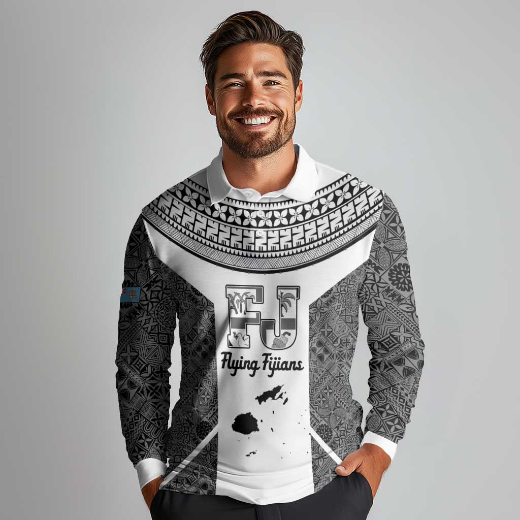 Custom Fiji Tapa Rugby Long Sleeve Polo Shirt Flying Fijian Black And White Version LT14 - Polynesian Pride