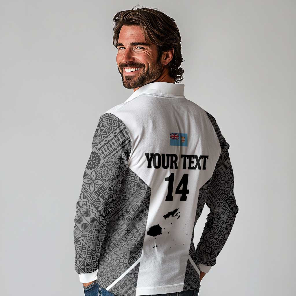 Custom Fiji Tapa Rugby Long Sleeve Polo Shirt Flying Fijian Black And White Version LT14 - Polynesian Pride