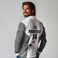 Custom Fiji Tapa Rugby Long Sleeve Polo Shirt Flying Fijian Black And White Version LT14 - Polynesian Pride