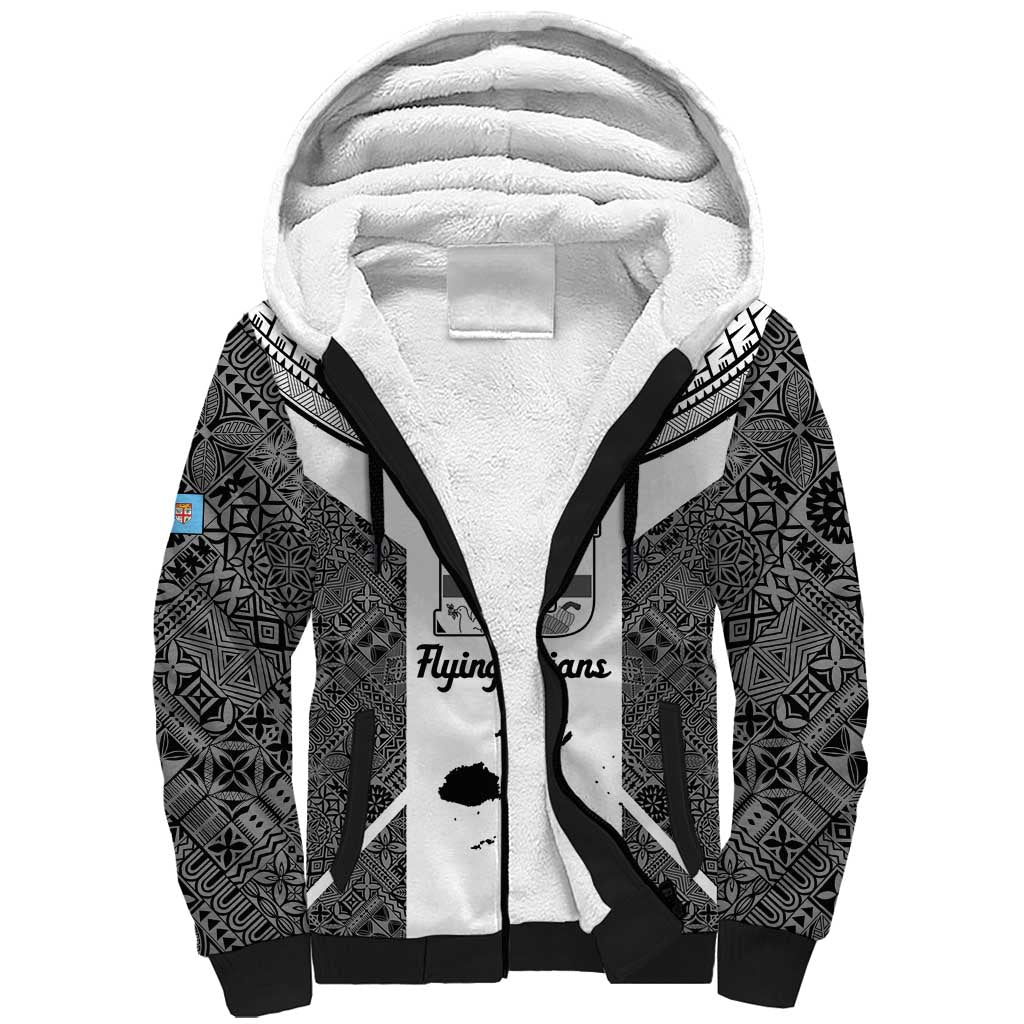 Custom Fiji Tapa Rugby Sherpa Hoodie Flying Fijian Black And White Version LT14 Unisex Black - Polynesian Pride