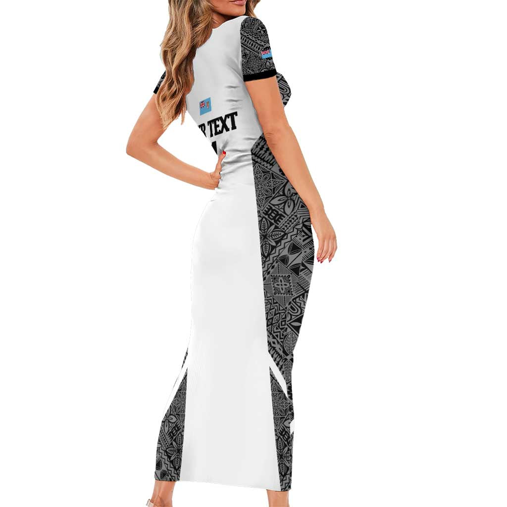 Custom Fiji Tapa Rugby Short Sleeve Bodycon Dress Flying Fijian Black And White Version LT14 - Polynesian Pride