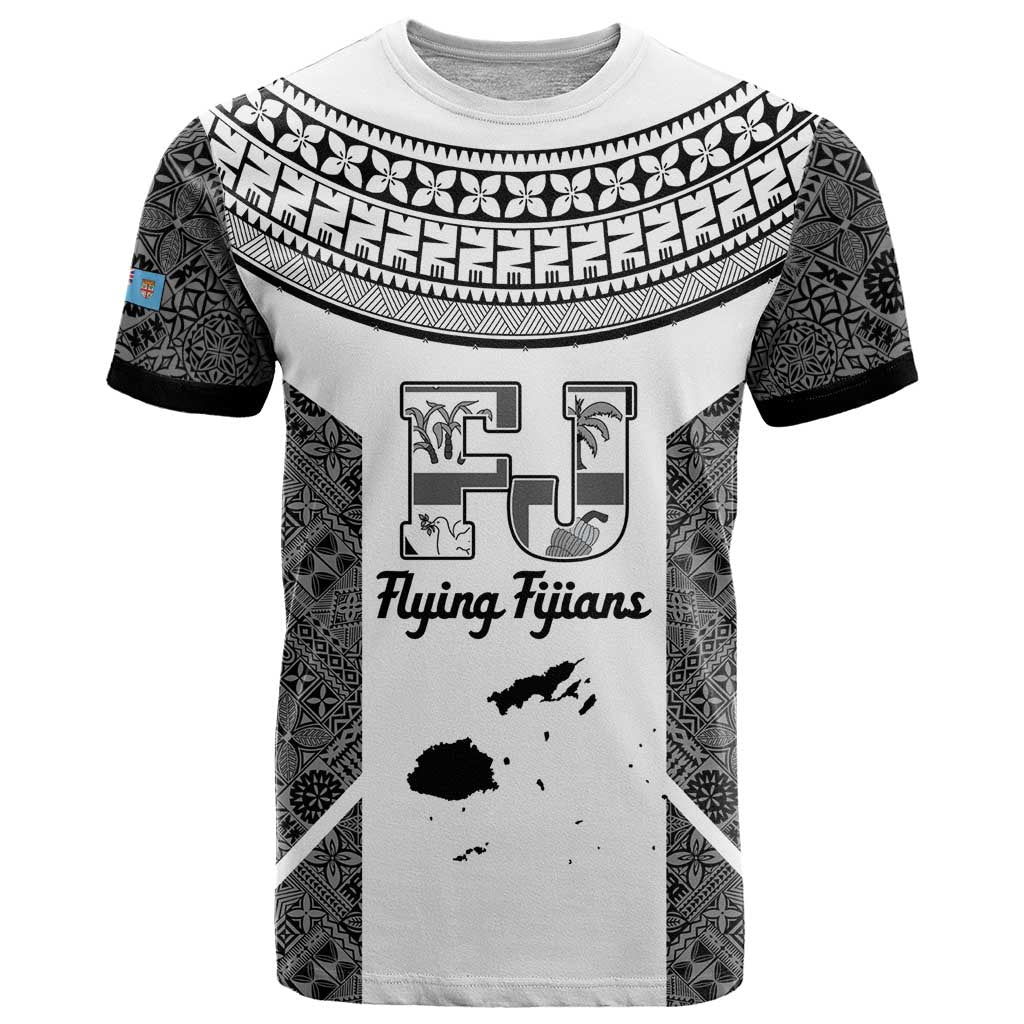 Custom Fiji Tapa Rugby T Shirt Flying Fijian Black And White Version