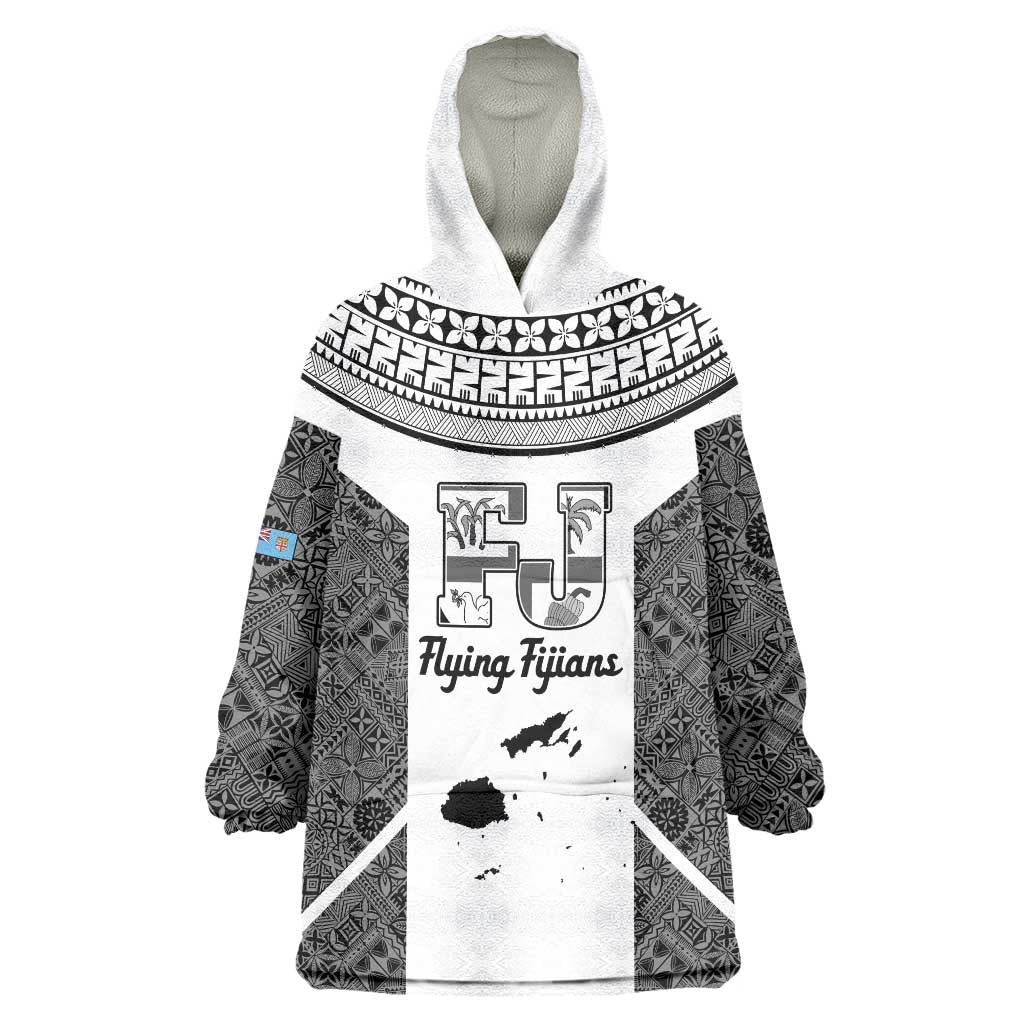 Custom Fiji Tapa Rugby Wearable Blanket Hoodie Flying Fijian Black And White Version LT14 One Size Black - Polynesian Pride