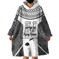 Custom Fiji Tapa Rugby Wearable Blanket Hoodie Flying Fijian Black And White Version LT14 - Polynesian Pride