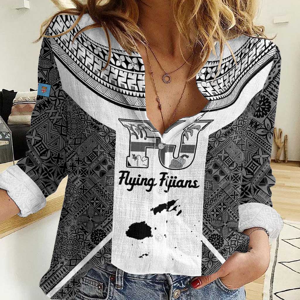 Custom Fiji Tapa Rugby Women Casual Shirt Flying Fijian Black And White Version