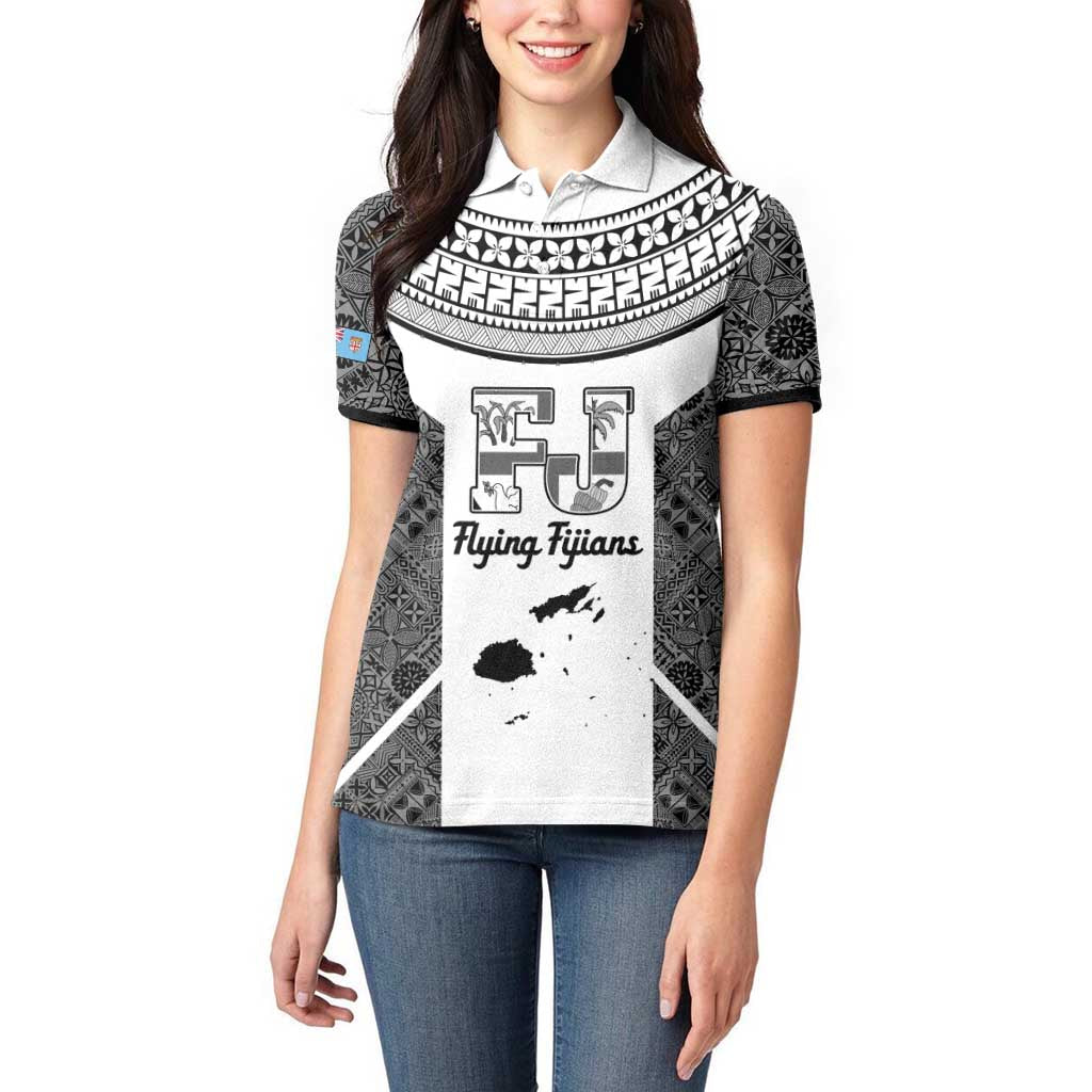 Custom Fiji Tapa Rugby Women Polo Shirt Flying Fijian Black And White Version LT14 - Polynesian Pride