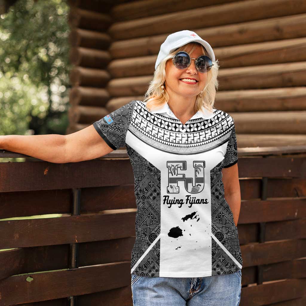 Custom Fiji Tapa Rugby Women Polo Shirt Flying Fijian Black And White Version LT14 - Polynesian Pride