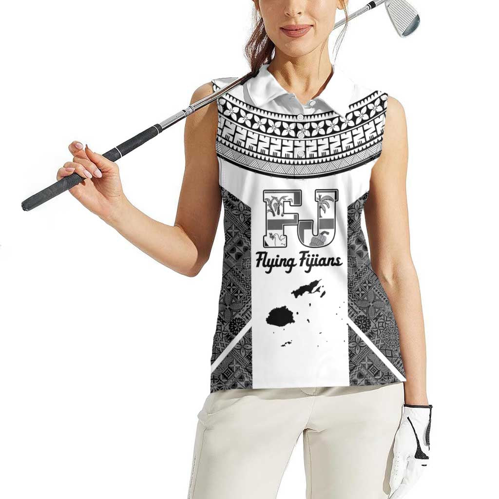 Custom Fiji Tapa Rugby Women Sleeveless Polo Shirt Flying Fijian Black And White Version LT14 - Polynesian Pride