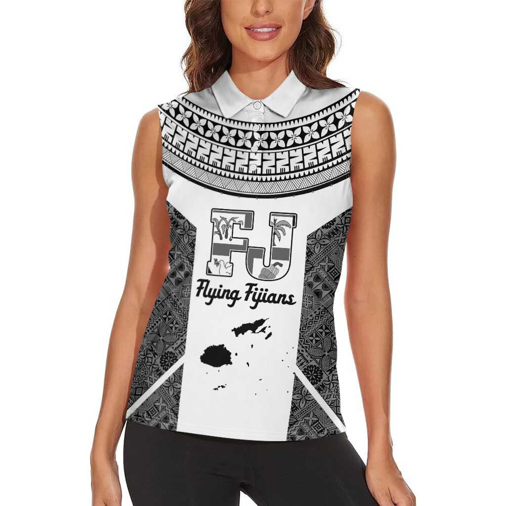 Custom Fiji Tapa Rugby Women Sleeveless Polo Shirt Flying Fijian Black And White Version LT14 - Polynesian Pride