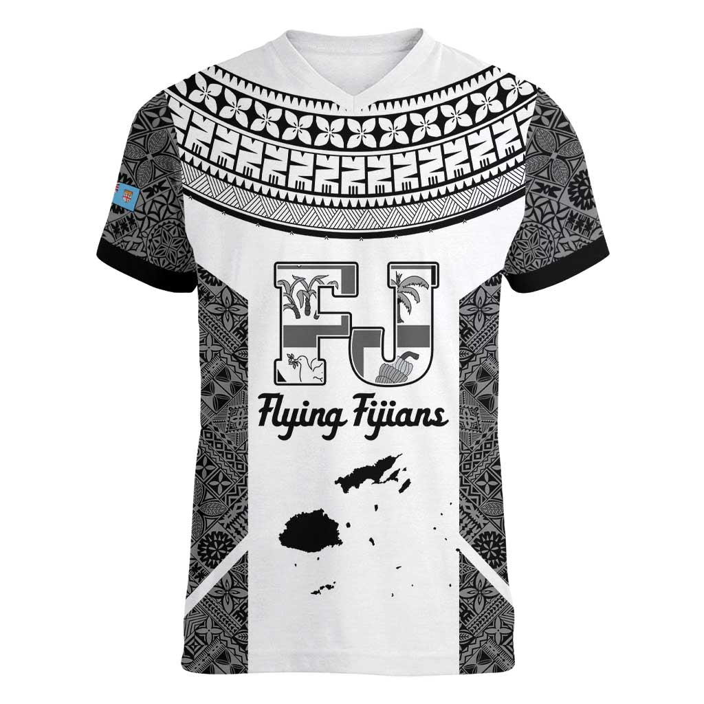 Custom Fiji Tapa Rugby Women V-Neck T-Shirt Flying Fijian Black And White Version LT14 Female Black - Polynesian Pride
