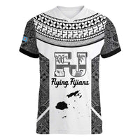Custom Fiji Tapa Rugby Women V-Neck T-Shirt Flying Fijian Black And White Version LT14 Female Black - Polynesian Pride