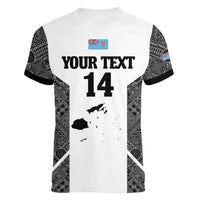 Custom Fiji Tapa Rugby Women V-Neck T-Shirt Flying Fijian Black And White Version LT14 - Polynesian Pride