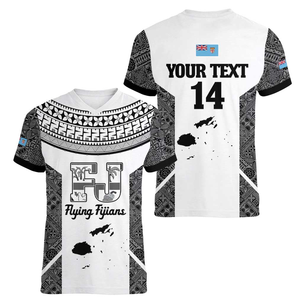 Custom Fiji Tapa Rugby Women V-Neck T-Shirt Flying Fijian Black And White Version LT14 - Polynesian Pride