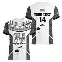 Custom Fiji Tapa Rugby Women V-Neck T-Shirt Flying Fijian Black And White Version LT14 - Polynesian Pride