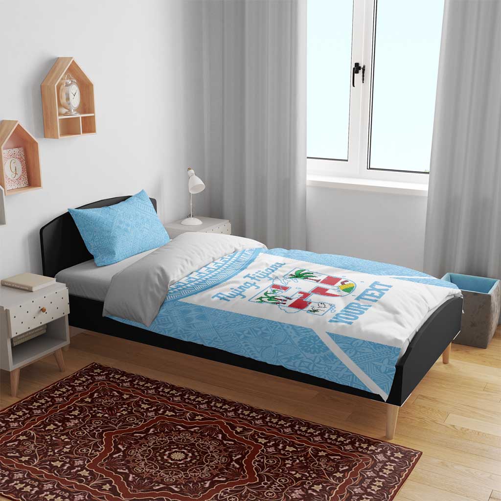 Custom Fiji Tapa Rugby Bedding Set Flying Fijian Blue And White Version