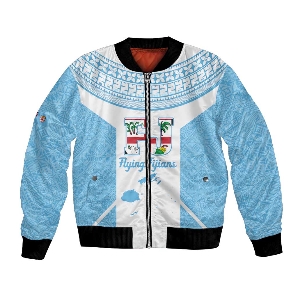 Custom Fiji Tapa Rugby Bomber Jacket Flying Fijian Blue And White Version