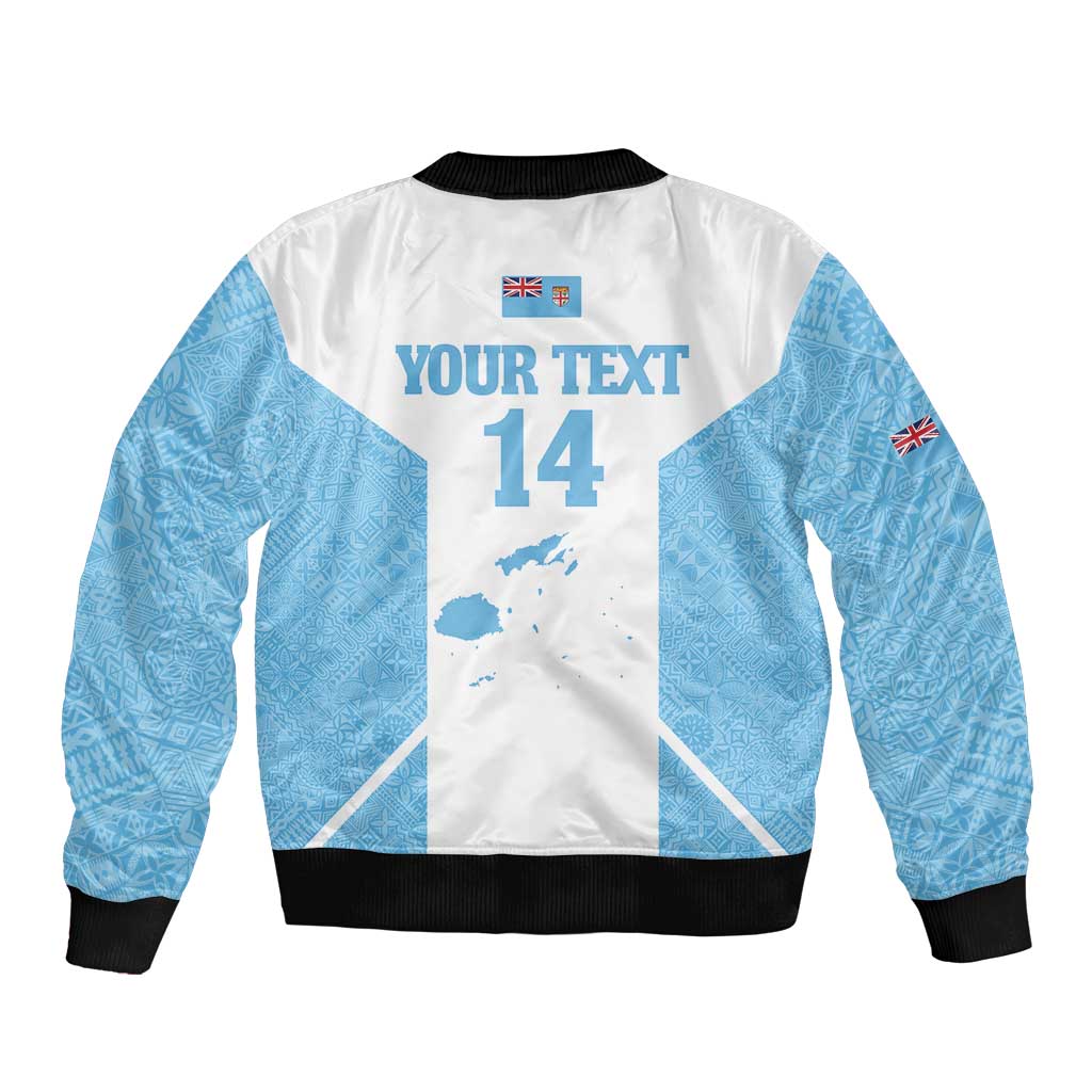 Custom Fiji Tapa Rugby Bomber Jacket Flying Fijian Blue And White Version